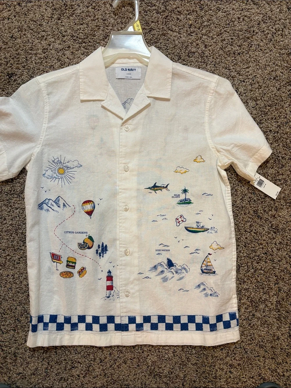 Old Navy Cream Short-Sleeve Button-Down Shirt with Blue Accents